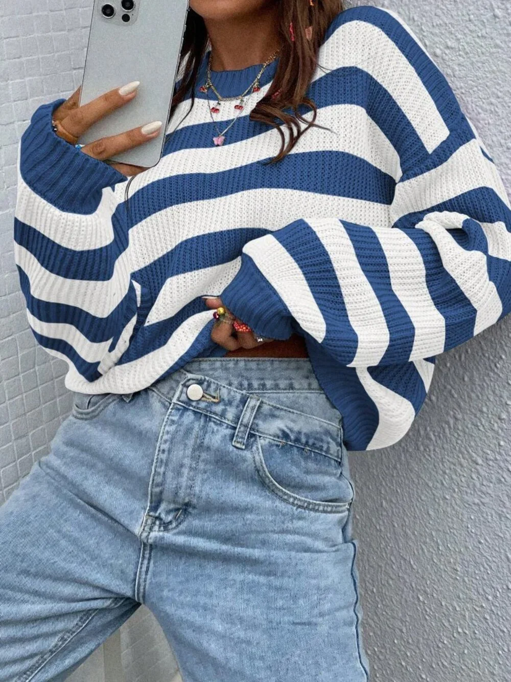 Multicolor Casual Women's Striped Drop Shoulder Knit Pullover Sweater - Picture 4 of 8